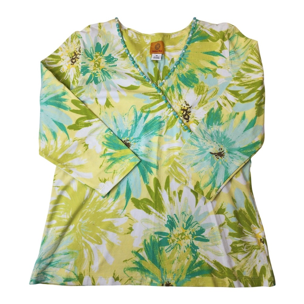 Ruby Rd Floral Top M Yellow Green 3/4 Sleeve Cottagecore Garden Party Faux Wrap